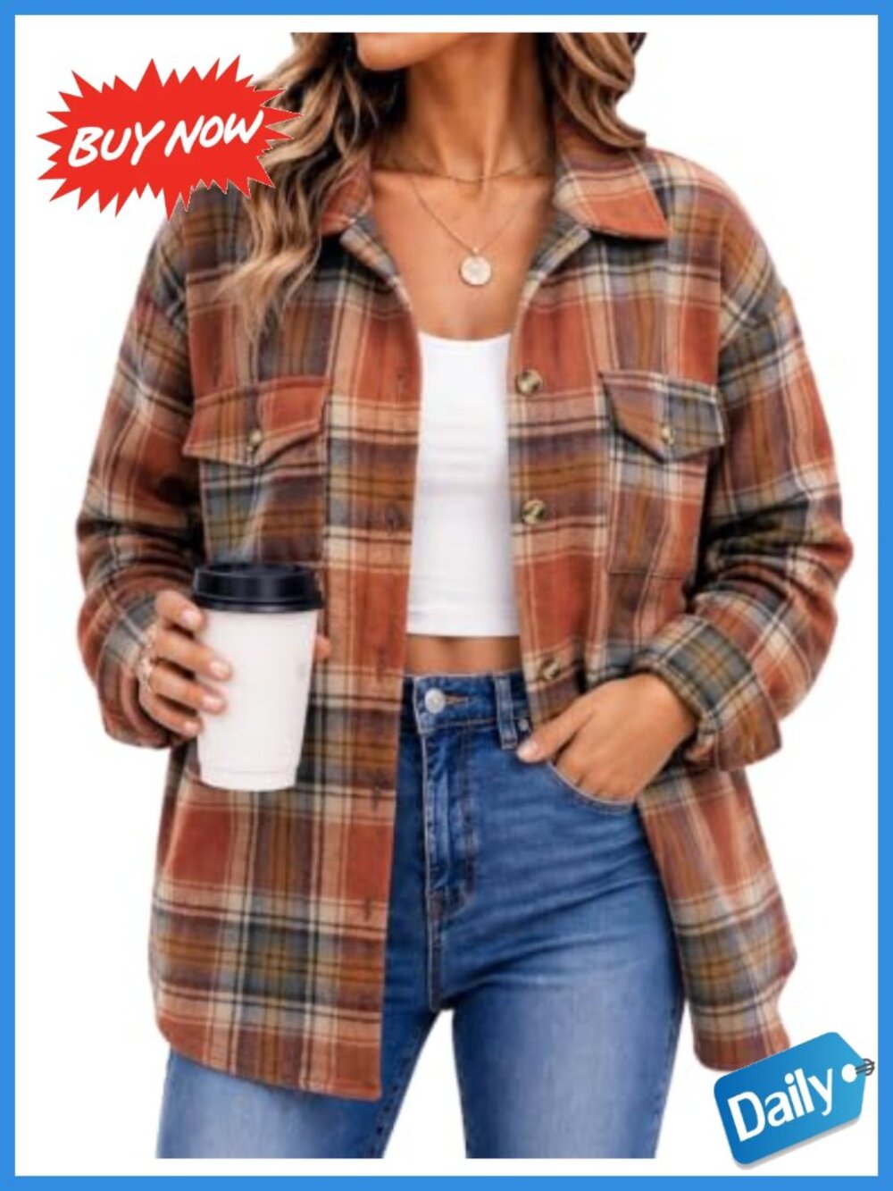 Plaid Flannel Shacket Button Down Long Sleeve Polyester Jacket